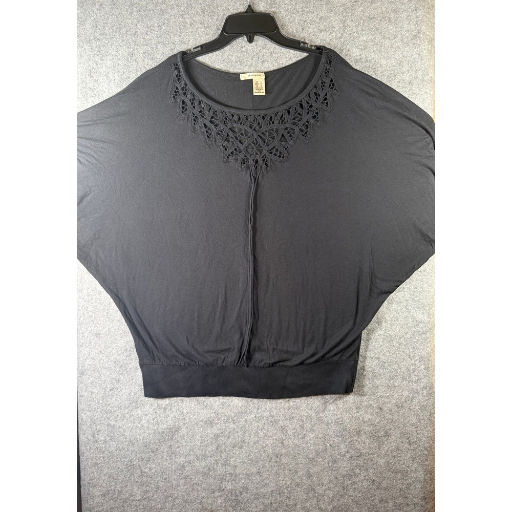 DKNY Jeans‎ Womens Black Crochet Lace Neck Dolman Sleeve Blouson Top Large - Picture 4 of 10